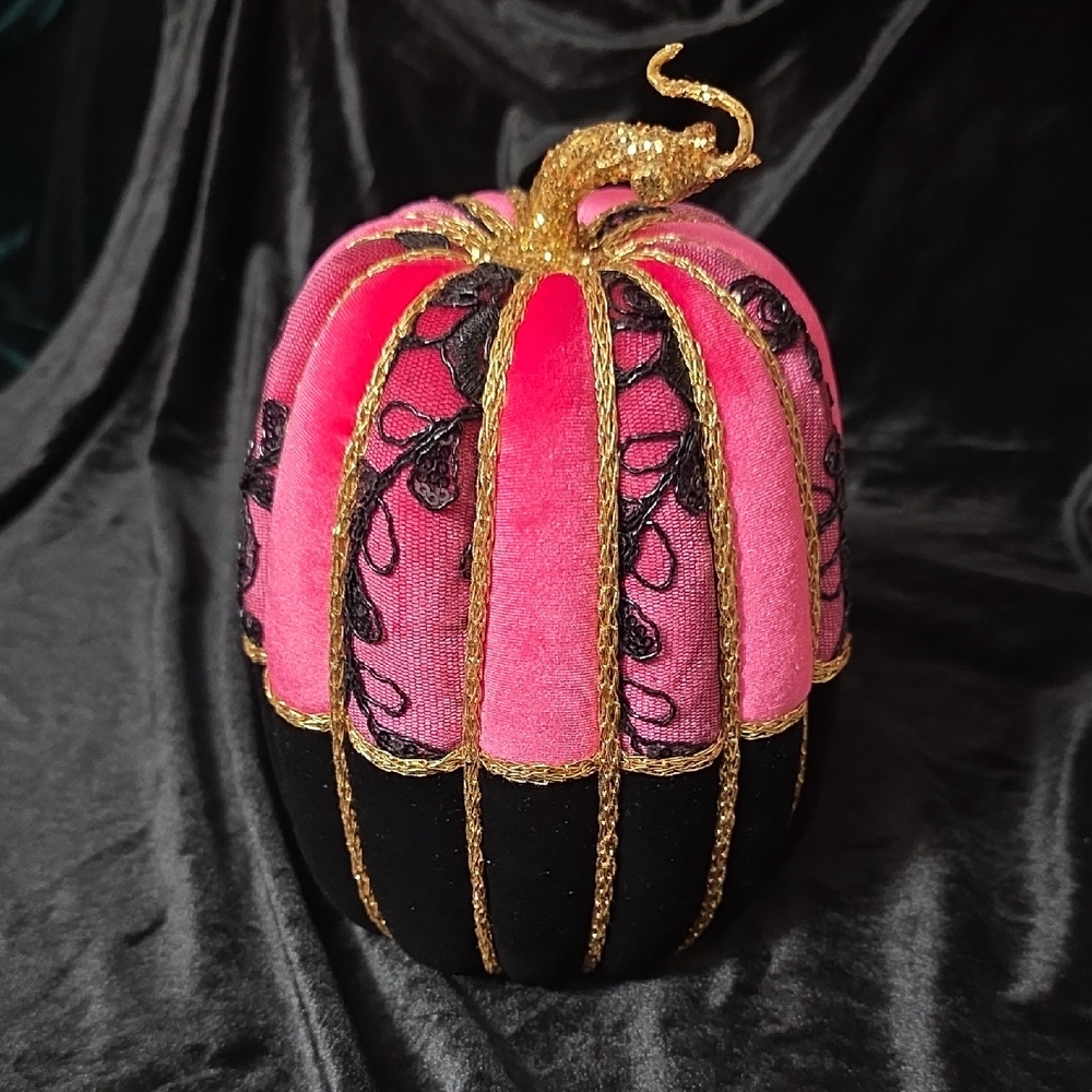 Glam Velvet Pumpkin, Pink and Black Decorative Pumpkin with Gold Accents